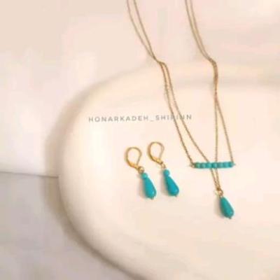 ست گردنبنددو ردیفه و گوشواره استیل سنگ فیروزه اشکی