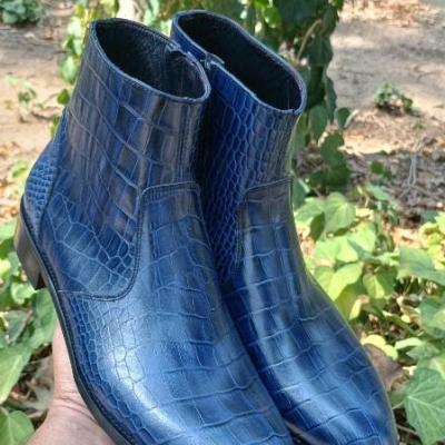 نیم بوت مردانه مجلسی چرم طبیعی دستدوز مدل آلپاین کروکودیلی سرمه ای