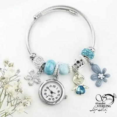 دستبند پاندورا (النگویی) گل آبی و ساعت دار کد 18724