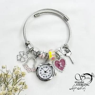دستبند النگویی پاندورا با آویز ساعت و قلب کد 18790