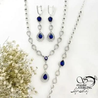 سرویس آویز اشکی طرح یاقوت کبود نقره 925ایتالیا کد 20285