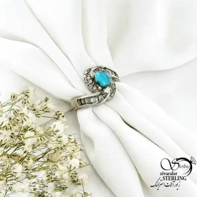 انگشتر نقره زنانه سنگ فیروزه عیار925 دور نگین کد 20293