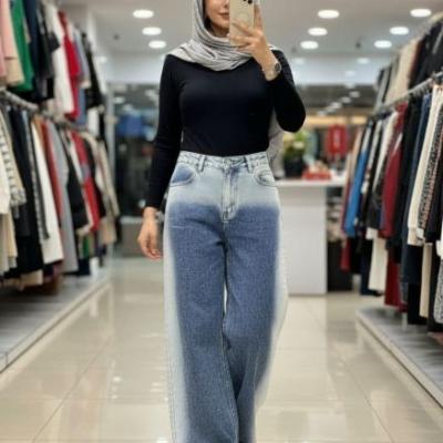 شلوار نیم بگ آبی بالا و بغل سایه دار پارچه ترک پشت کش