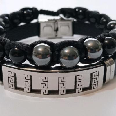 دستبند دو تیکه مردانه چرم و سنگ معدنی