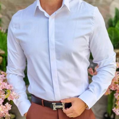 پیراهن سفید مجلسی دکمه مخفی مردانه پارچه دوشین XL