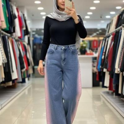 شلوار نیم بگ آبی بغل صورتی کمر پشت کش دمپا زاپ