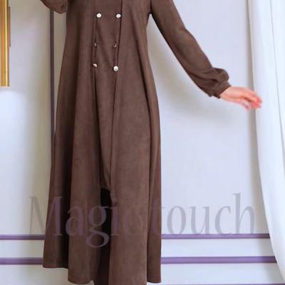 رویه زنانه مخمل مدل مانتو بلند مخمل کبریتی دکمه دار سایزبندی کامل