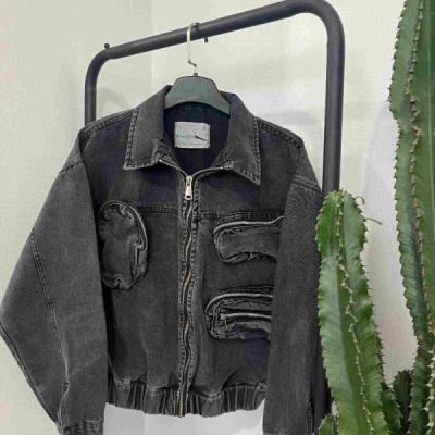 کت جین کارگو زغالی ترک کمرکش قد 55-150183