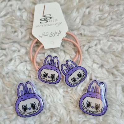 ست کش مو و گیره مو عروسکی دخترانه مدل لبوبو رنگ بنفش