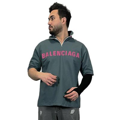 تیشرت آستین کوتاه نیم زیپ مردانه رنگ طوسی