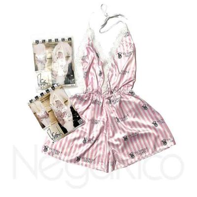 لباس خواب ساتن طرح ویکتوریا سکرت سفید صورتی