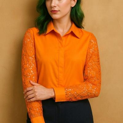 شومیز نارنجی مجلسی زنانه آستین دانتل گیپور