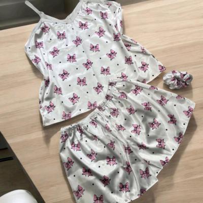 تاپ شلوارک ساتن سفید صورتی طرح پاپیون