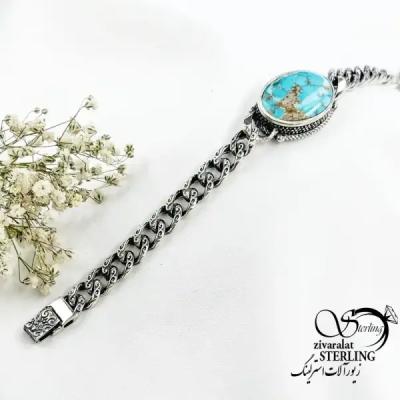 دستبند نقره طرح کارتیر با سنگ فیروزه عیار925 کد 19168