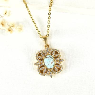 گردنبند طلاروس طرح گل با سنگ فیروزه نیشابور مشابه طلا کد 8787