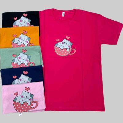 تیشرت زنانه نخ پنبه طرح گربه و فنجان