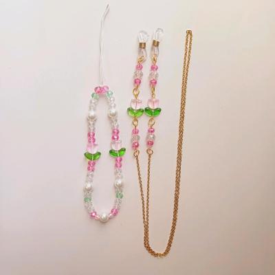 ست بند عینک و آویز موبایل فانتزی گل لاله رنگ صورتی