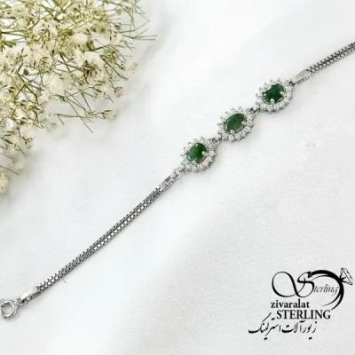 دستبند نقره سنگ زمرد سه تایی عیار925 کد 20386