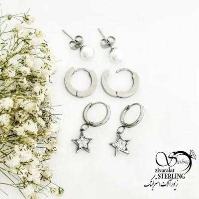 گوشواره پکی مرواریدی برند استیل آویز ستاره کد 19669