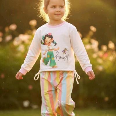 ست بچگانه کراپ آستین بلند و شلوار دخترانه رنگین کمانی