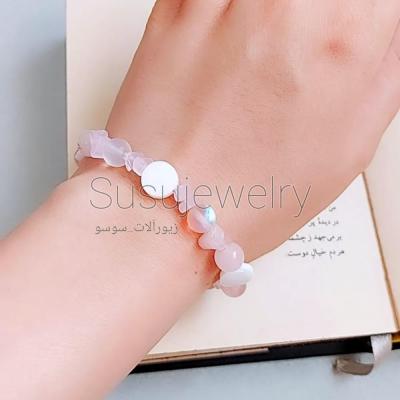 دستبند دخترانه سنگ کوارتز صورتی و صدف