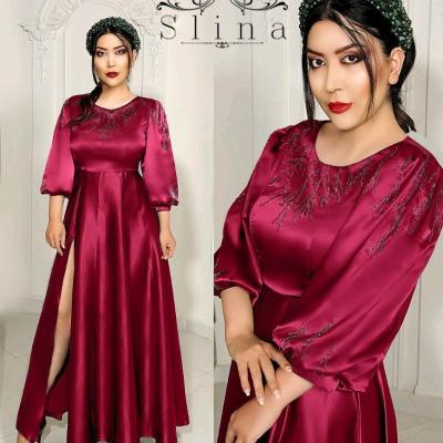 پیراهن شب ماکسی ساتن آمریکایی مزون دوز منجق دوزی ازسایز 34تا60