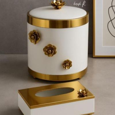 سرویس سطل و دستمال سفید طلایی | بدنه فلزی و استیل ضد زنگ | طراحی لوکس و مدرن ارسال پس کرایهsh