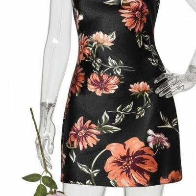 مینی‌درس ساتن گلدار مشکی کد Q2029