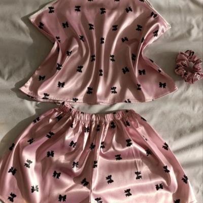ست سه تیکه لباس خواب ساتن سایز بزرگ پاپیون