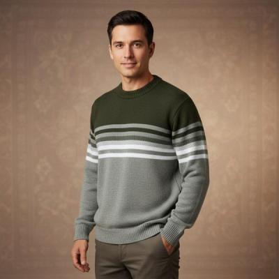 ژاکت بافت راه‌راه مردانه رنگ سبز و سبزروشن | مدل شیک و گرم زمستانی