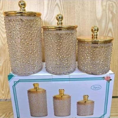 ست 3 عددی بانکه اکرولیک نگین‌دار طلایی | ظروف لوکس آشپزخانه و دکوری مدرن پس کرایه gh