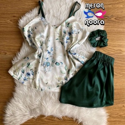 تاپ شلوارک ساتن ابریشم طرح برگ