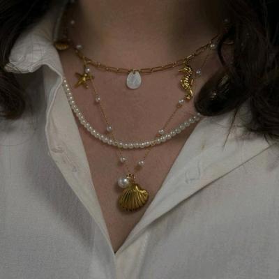 گردنبند تابستونه مروارید و صدف، استیل، آبکاری،رنگ ثابت