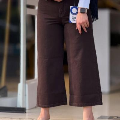 شلوار واید لگ کتان قهوه ای تیره پارچه ترک کمر ساده