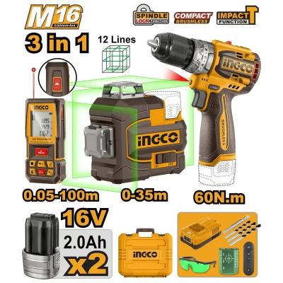 ست دریل شارژی 16 ولت لیتیوم چکشی 60 نیوتن‌ متر اینکو مدل COSLI250101