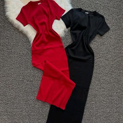 پیراهن زنانه نخ پنبه ترک مدل کبریتی ریز یقه گرد