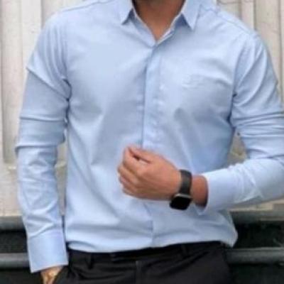 پیراهن آبی روشن پارچه دوشین دکمه مخفی ارسال رایگان