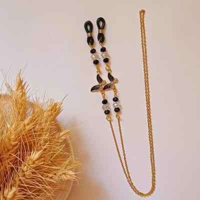 بند عینک زنجیری مشکی استیل مدل پروانه نگین دار