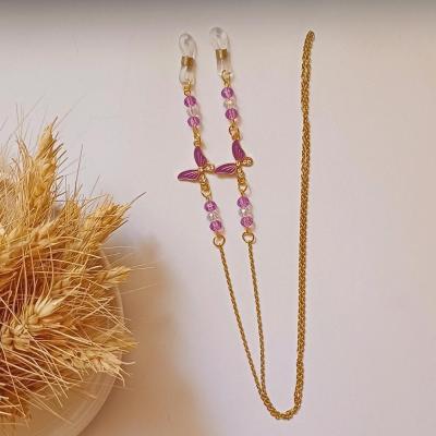 بند عینک زنجیری بنفش استیل مدل پروانه نگین دار