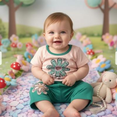 تیشرت شلوارک نخی دخترانه سایز 30 35مناسب 6تا12ماه