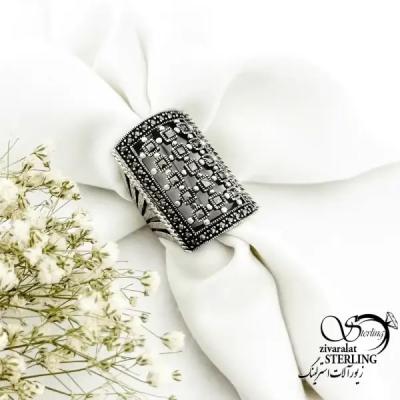 انگشتر زنانه سیاه قلم مستطیلی طرح کلاسیک نقره ایتالیایی کد 20044