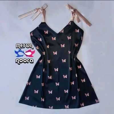 پیراهن ساتن ابریشم طرح پروانه مشکی