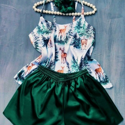 تاپ شلوارک ساتن ابریشم طرح گوزن