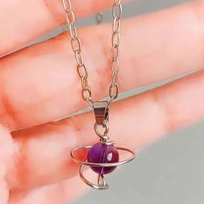 گردنبند سیاره زحل استیل با سنگ آمیتیس