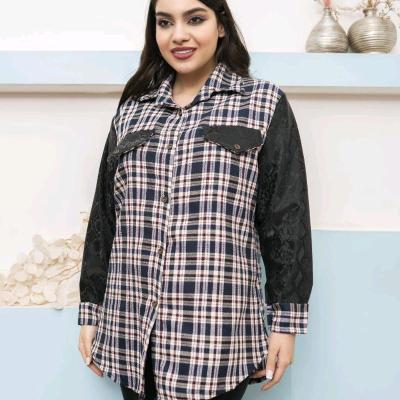 مانتو پشمی چهارخانه آستین چرم