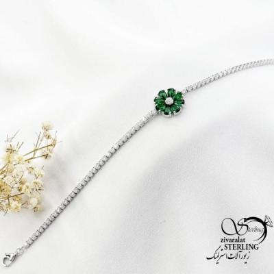 دستبند نقره گل جواهری طرح زمرد کد 17825