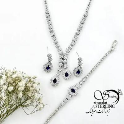 سرویس نقره طرح گل با سنگ یاقوت کبود عیار 925 کد 19432