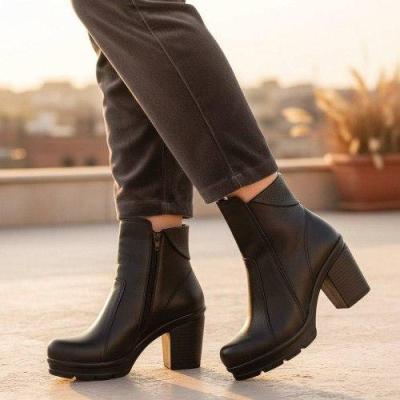 نیم بوت پاشنه و یقه دار ترند کلاسیک جدید فصل دخترانه چرم و شرانک 4576-158788