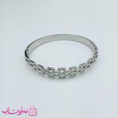 بنگل زنانه طرحدار استیل رنگ نقره ای قطر 57 میل