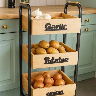 جا پیازی 3 طبقه چرخ دار چوب و فلز